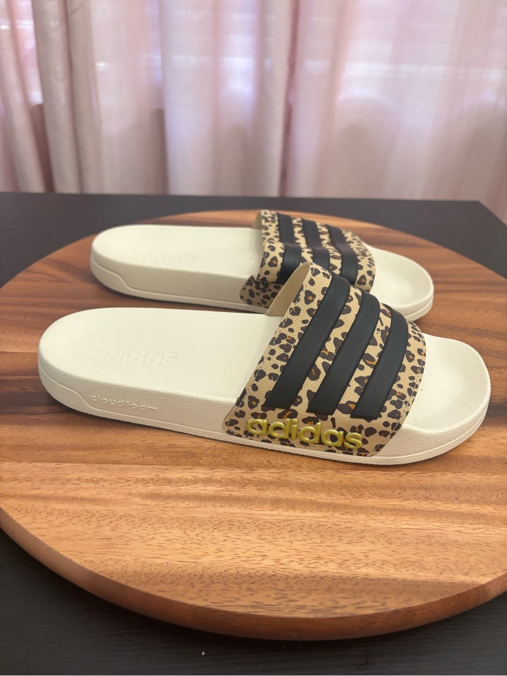 Adidas Adilette Leopard Slides Sandals Cream Brown Size 9
